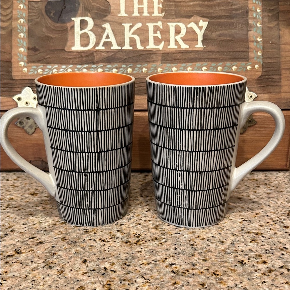 World Market Striped Black- Beige and Orange Coffee Mugs (set of  Two)
